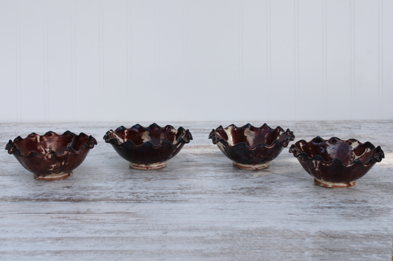 photo of vintage Mexican pottery bowls set, brown & white drip glaze red clay Oaxaca Mexico #2