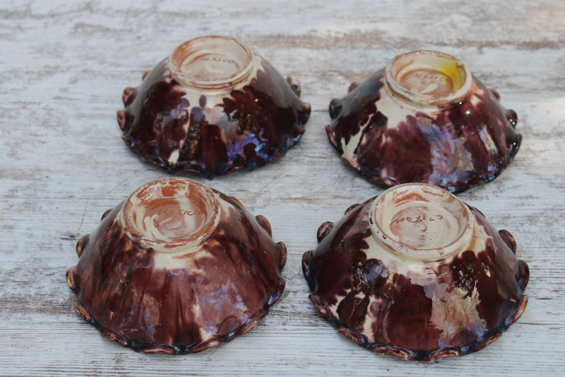 photo of vintage Mexican pottery bowls set, brown & white drip glaze red clay Oaxaca Mexico #4