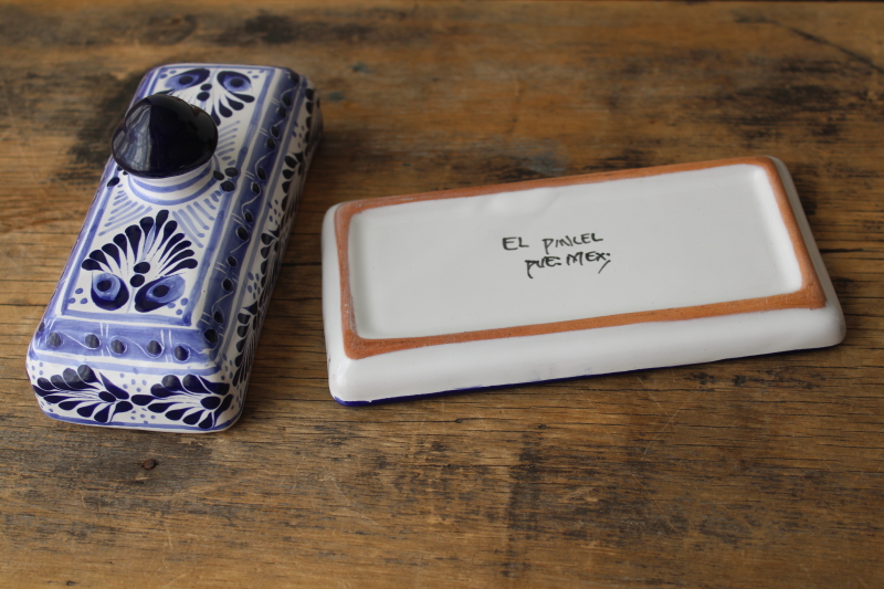 photo of vintage Mexican pottery butter dish, folk art hand painted blue & white butter plate w/ cover #3