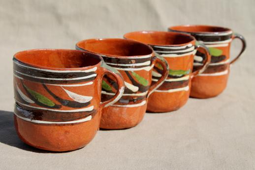 photo of vintage Mexican pottery coffee mugs or chocolate cups, hand-painted terracotta #1