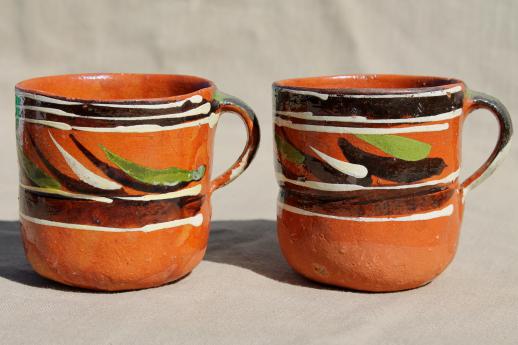 photo of vintage Mexican pottery coffee mugs or chocolate cups, hand-painted terracotta #2