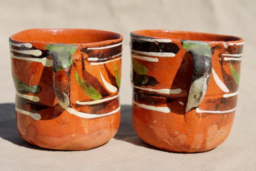 photo of vintage Mexican pottery coffee mugs or chocolate cups, hand-painted terracotta #3