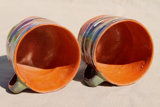 photo of vintage Mexican pottery coffee mugs or chocolate cups, hand-painted terracotta #4