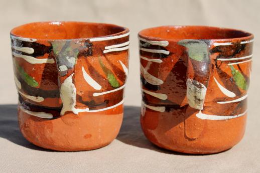 photo of vintage Mexican pottery coffee mugs or chocolate cups, hand-painted terracotta #6