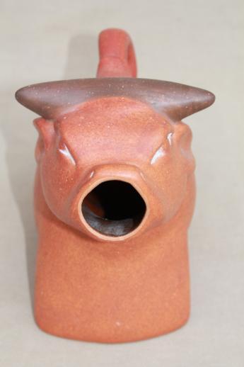 photo of vintage Mexican pottery cow or bull pitcher, large modernist style terracotta water jug #5