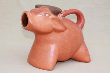 catalog photo of vintage Mexican pottery cow or bull pitcher, large modernist style terracotta water jug