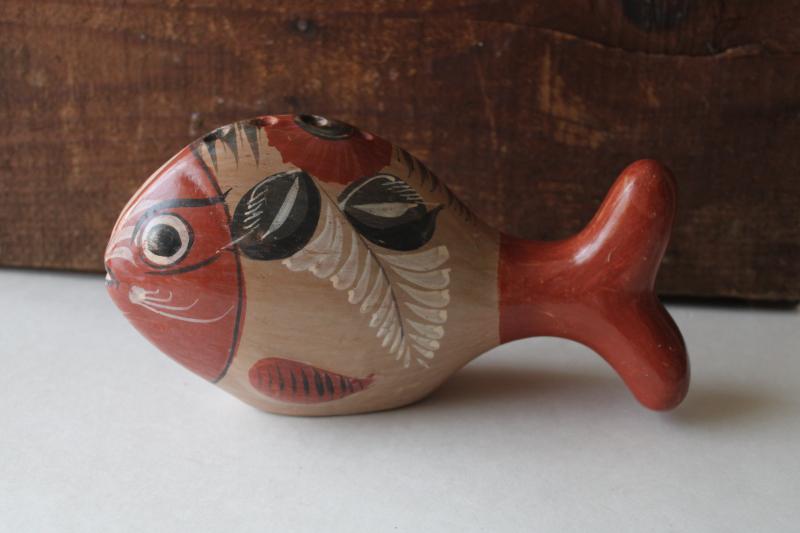 photo of vintage Mexican pottery, large fish or whale, Tonala burnished clay hand painted figurine #1