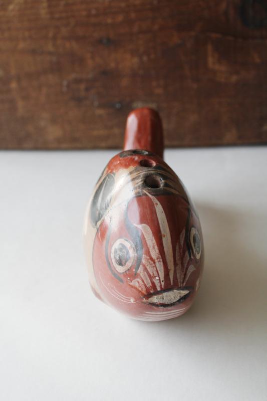 photo of vintage Mexican pottery, large fish or whale, Tonala burnished clay hand painted figurine #5