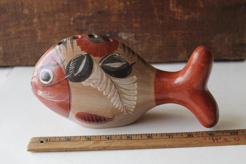 photo of vintage Mexican pottery, large fish or whale, Tonala burnished clay hand painted figurine #7