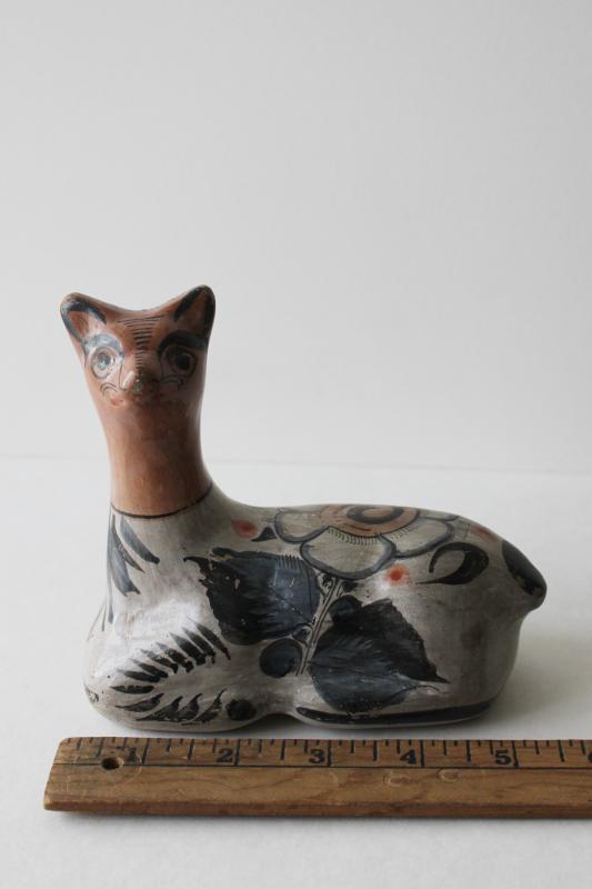 photo of vintage Mexican pottery llama or alpaca, Tonala burnished clay hand painted figurine #1