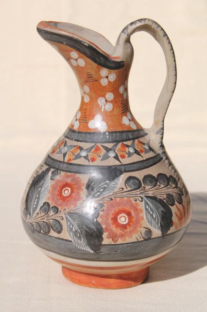 photo of vintage Mexican pottery pitcher, Tonala style hand painted burnished glaze #2