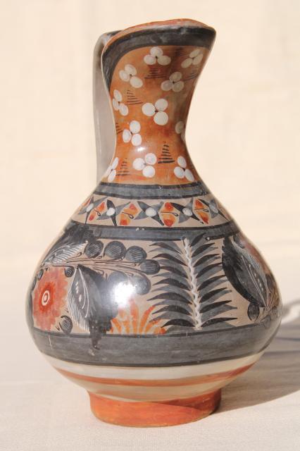 photo of vintage Mexican pottery pitcher, Tonala style hand painted burnished glaze #3