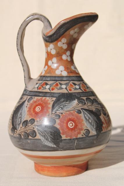 photo of vintage Mexican pottery pitcher, Tonala style hand painted burnished glaze #4