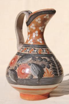 catalog photo of vintage Mexican pottery pitcher, Tonala style hand painted burnished glaze