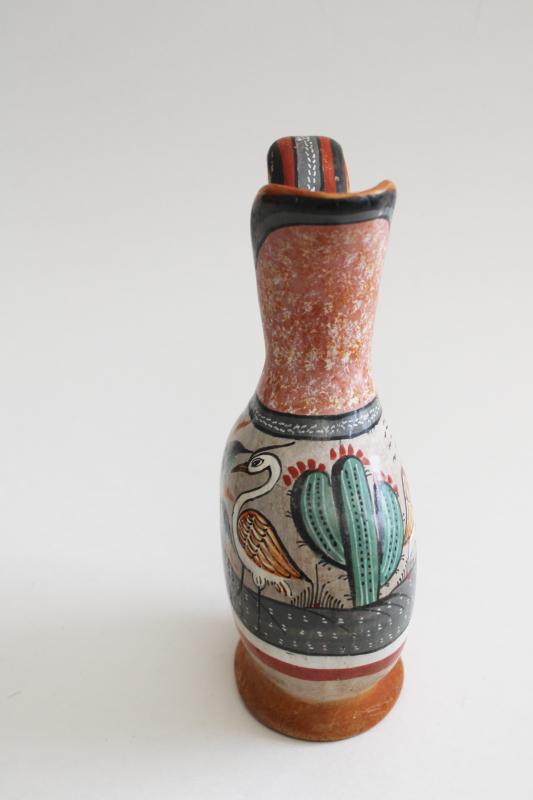 photo of vintage Mexican pottery pitcher w/ hand painted bird & cactus, burnished clay #2