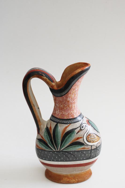 photo of vintage Mexican pottery pitcher w/ hand painted bird & cactus, burnished clay #3