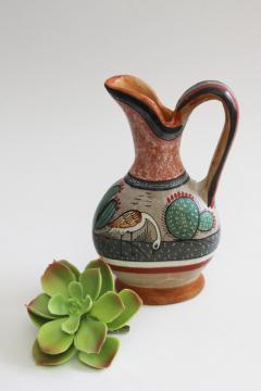 catalog photo of vintage Mexican pottery pitcher w/ hand painted bird & cactus, burnished clay