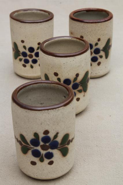 photo of vintage Mexican pottery shot glasses, Tonala Mexico hand painted shots #1