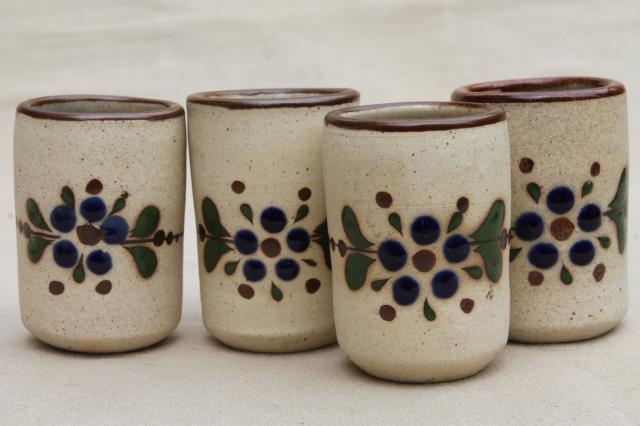 photo of vintage Mexican pottery shot glasses, Tonala Mexico hand painted shots #2