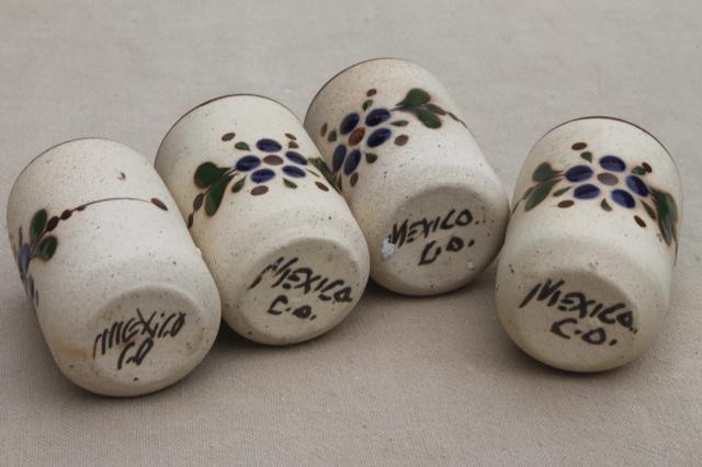photo of vintage Mexican pottery shot glasses, Tonala Mexico hand painted shots #6