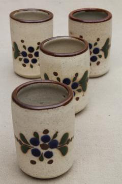 catalog photo of vintage Mexican pottery shot glasses, Tonala Mexico hand painted shots