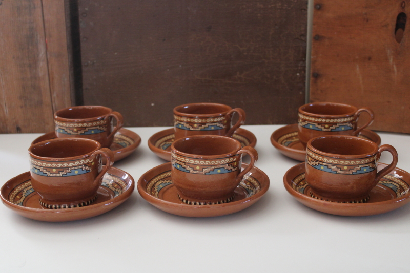 photo of vintage Mexican pottery, small plates and mugs Aztec style hand painted red clay terracotta  #1