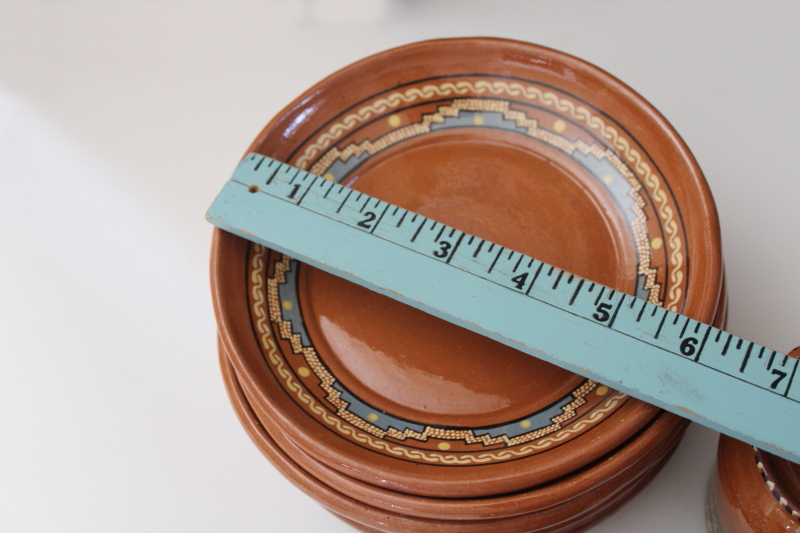 photo of vintage Mexican pottery, small plates and mugs Aztec style hand painted red clay terracotta  #2