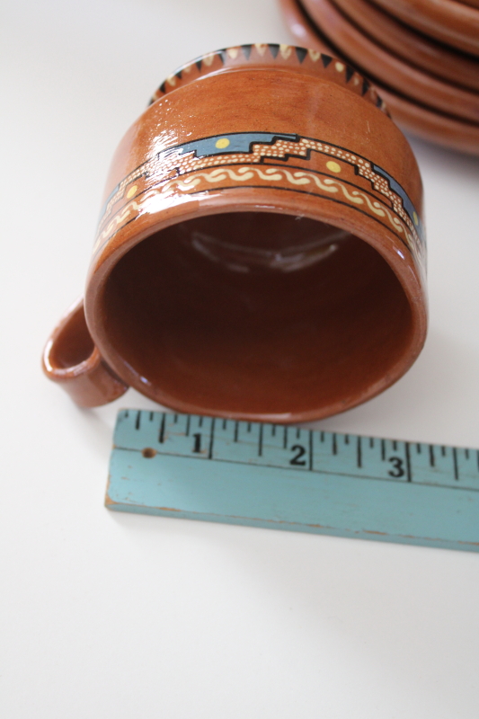 photo of vintage Mexican pottery, small plates and mugs Aztec style hand painted red clay terracotta  #3