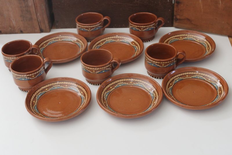 photo of vintage Mexican pottery, small plates and mugs Aztec style hand painted red clay terracotta  #5