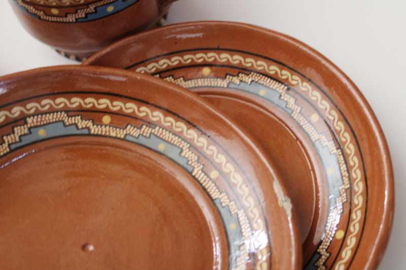 photo of vintage Mexican pottery, small plates and mugs Aztec style hand painted red clay terracotta  #6