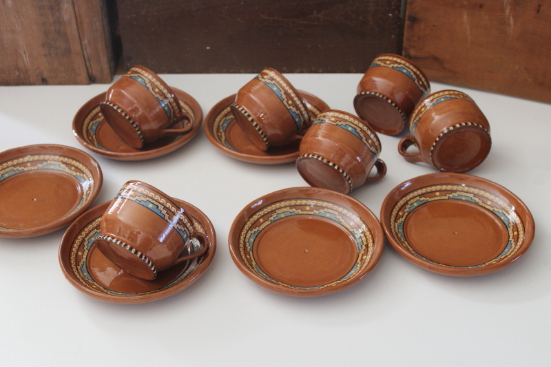 photo of vintage Mexican pottery, small plates and mugs Aztec style hand painted red clay terracotta  #7