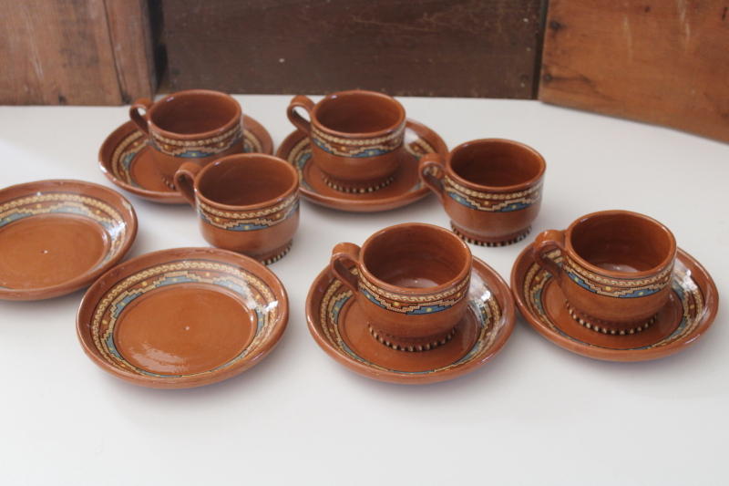 photo of vintage Mexican pottery, small plates and mugs Aztec style hand painted red clay terracotta  #8