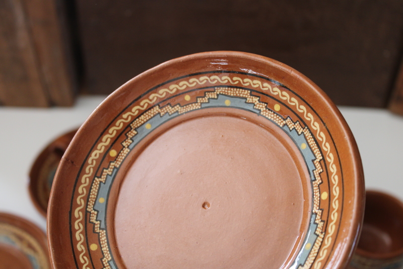 photo of vintage Mexican pottery, small plates and mugs Aztec style hand painted red clay terracotta  #9