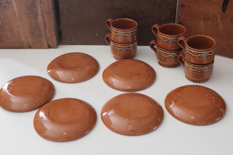 photo of vintage Mexican pottery, small plates and mugs Aztec style hand painted red clay terracotta  #11