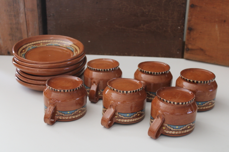 photo of vintage Mexican pottery, small plates and mugs Aztec style hand painted red clay terracotta  #12