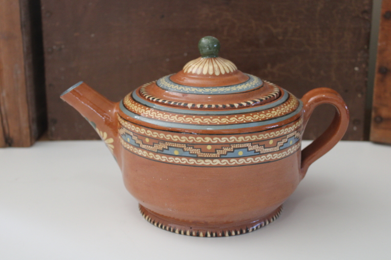 photo of vintage Mexican pottery teapot, Aztec style hand painted border terracotta red clay  #1