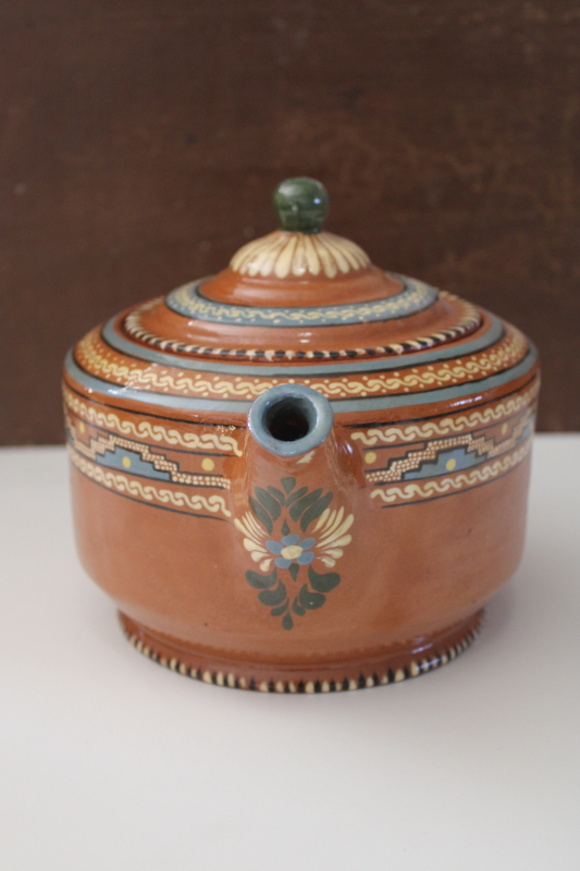 photo of vintage Mexican pottery teapot, Aztec style hand painted border terracotta red clay  #2