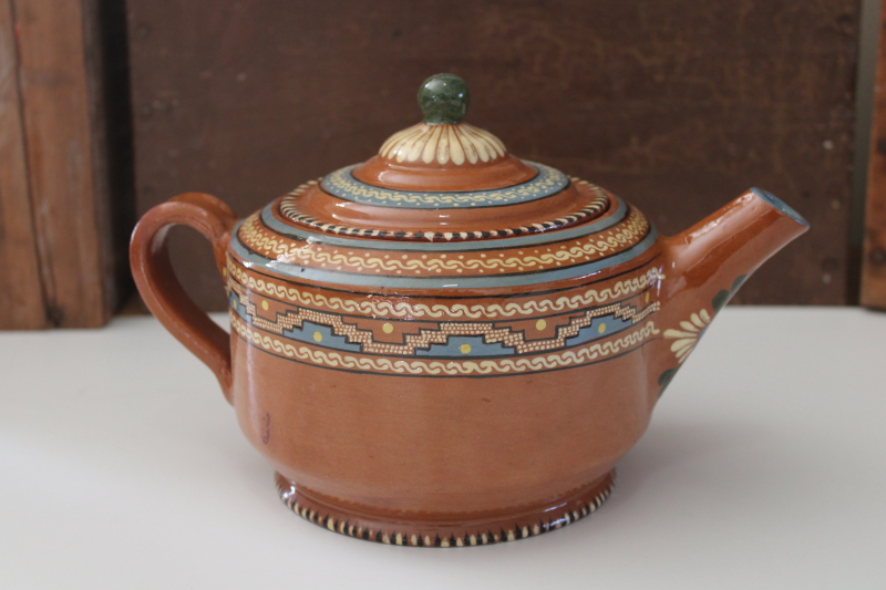 photo of vintage Mexican pottery teapot, Aztec style hand painted border terracotta red clay  #3