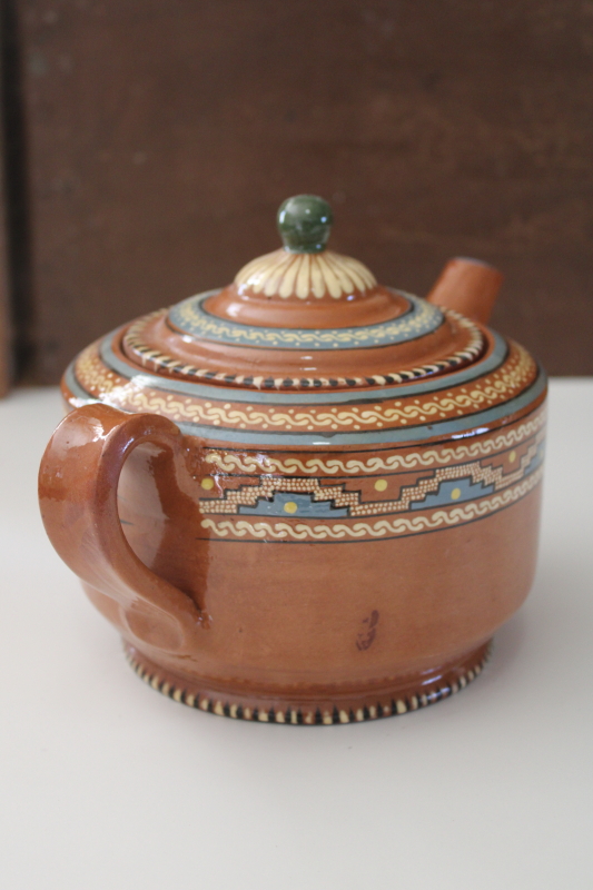 photo of vintage Mexican pottery teapot, Aztec style hand painted border terracotta red clay  #4