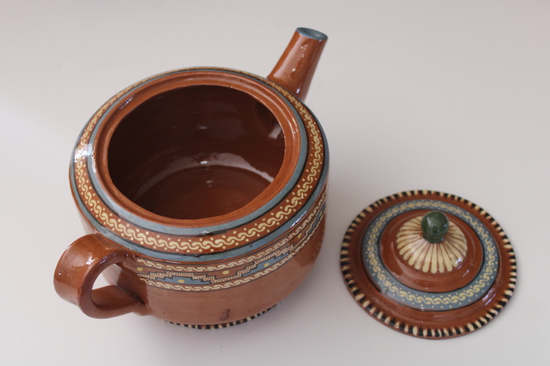 photo of vintage Mexican pottery teapot, Aztec style hand painted border terracotta red clay  #5