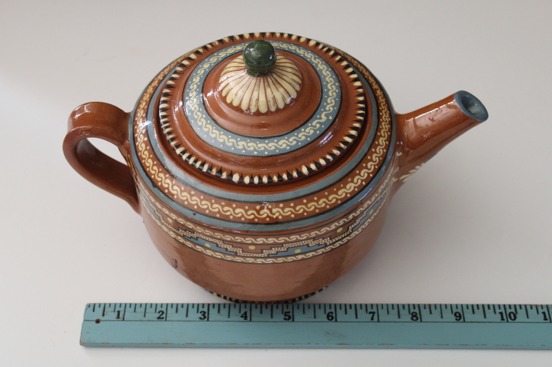 photo of vintage Mexican pottery teapot, Aztec style hand painted border terracotta red clay  #7