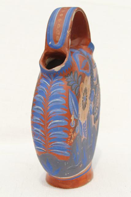photo of vintage Mexican pottery water bottle or wine jug, terracotta w/ hand painted flowers cobalt blue #2
