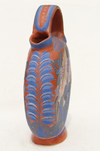 photo of vintage Mexican pottery water bottle or wine jug, terracotta w/ hand painted flowers cobalt blue #4