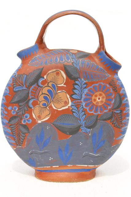photo of vintage Mexican pottery water bottle or wine jug, terracotta w/ hand painted flowers cobalt blue #5
