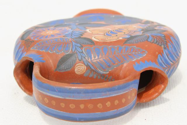 photo of vintage Mexican pottery water bottle or wine jug, terracotta w/ hand painted flowers cobalt blue #7