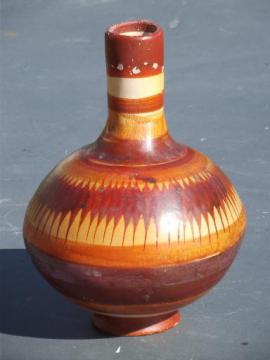 catalog photo of vintage Mexican pottery wine water carafe bottle jug, Mexico hand-painted