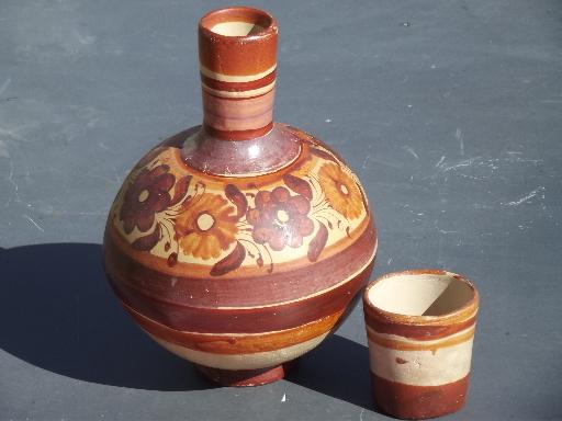 photo of vintage Mexican pottery wine water carafe w/ glass, Mexico hand-painted #2