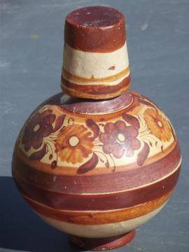 catalog photo of vintage Mexican pottery wine water carafe w/ glass, Mexico hand-painted