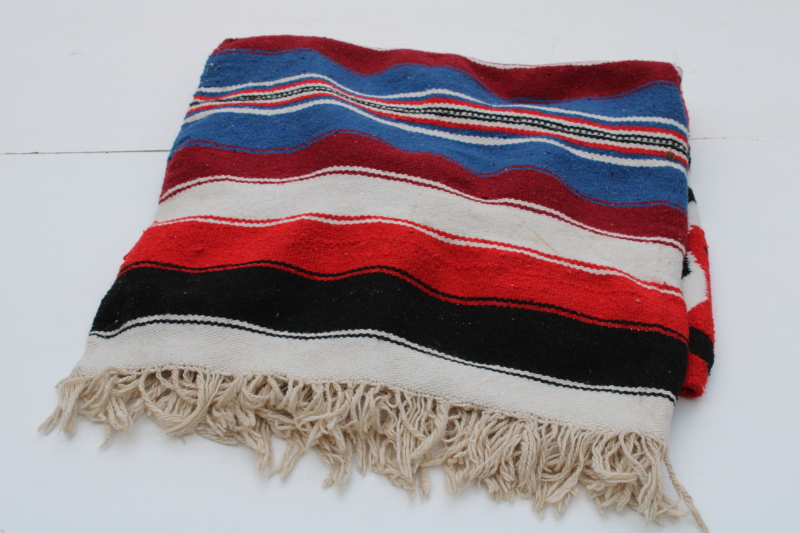 photo of vintage Mexican souvenir woven rug or blanket eagle & snake, festival red, white & blue  #2