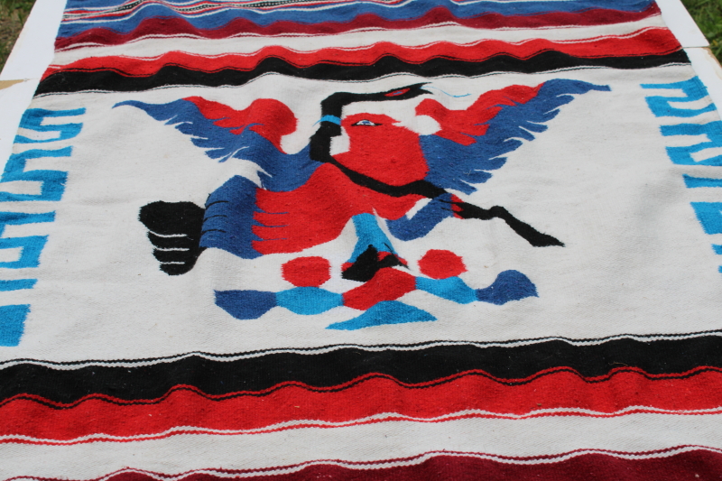 photo of vintage Mexican souvenir woven rug or blanket eagle & snake, festival red, white & blue  #3